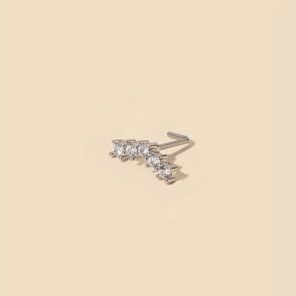 WHITE GOLD DIAMOND INLAY L ROD NOSE RING - Picture 2 of 6
